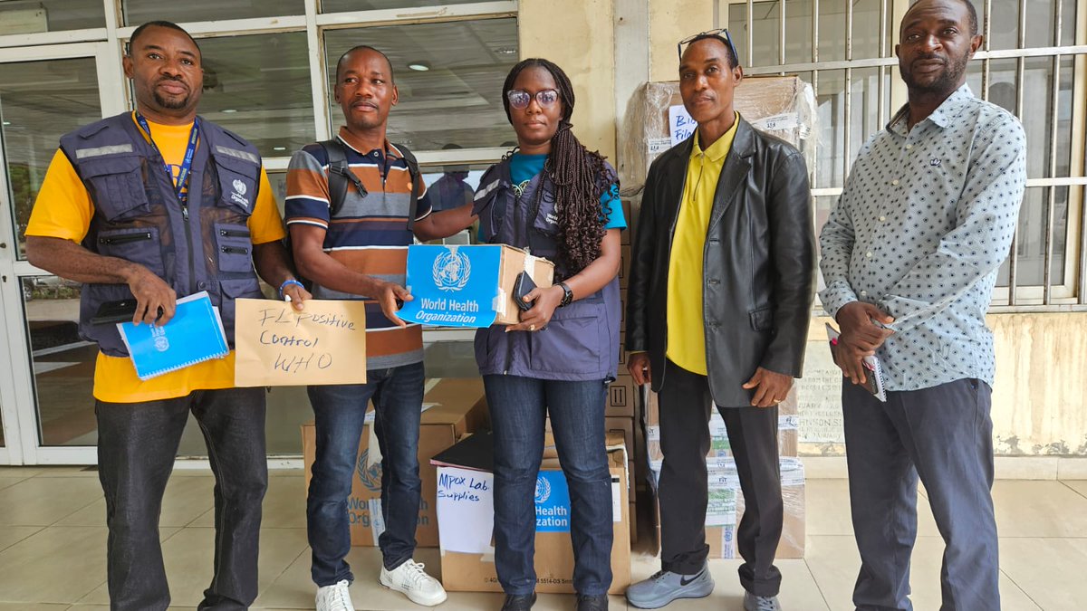 WHOLiberia's tweet photo. @WHOLiberia handed over to @moh_liberia & @NPHIL6 #mpox lab supplies to support rapid & decentralized testing in #Margibi, #Maryland, #Lofa & #GrandCapeMount counties, along with test kits for #NTDs including yaws, lymphatic filariasis, and Buruli ulcer. https://t.co/sWeuecoee1
