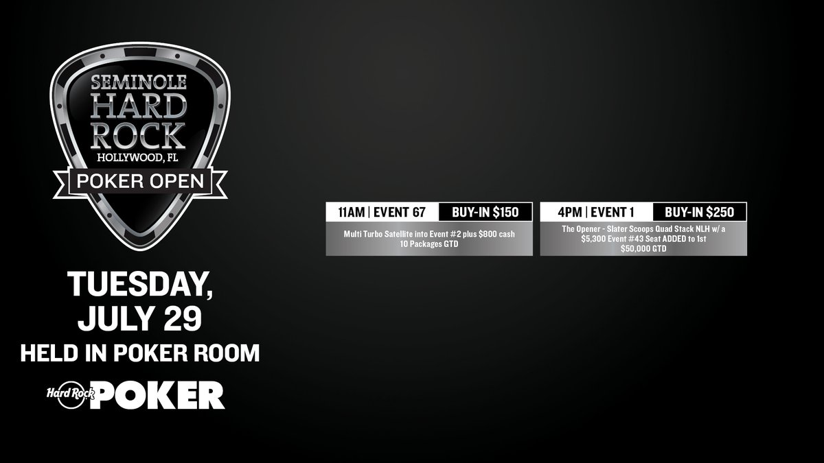 The 2025 Seminole Hard Rock Poker Open gets underway with a special game, the $250 Slater Scoops Quad Stack at 4p, which will award our first trophy!

Schedule: ow.ly/HmMN50Ww1e7