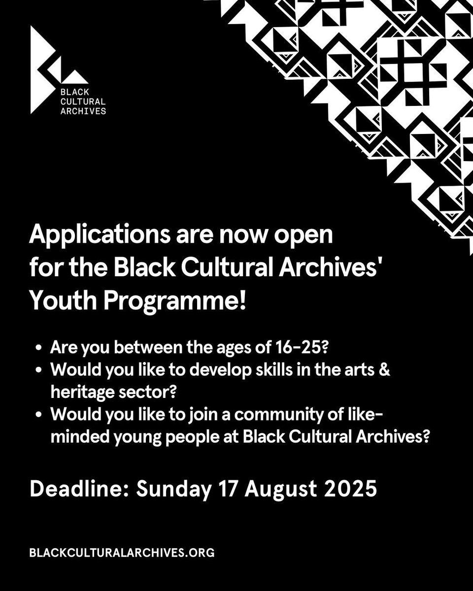 Join our Youth Programme and connect with a community of young creatives. Applications are now open for our Youth Programme.

For additional information, along with the application form, visit buff.ly/iWBL4tO. 

Deadline: Sunday, 17 August 2025

#BlackCulturalArchives