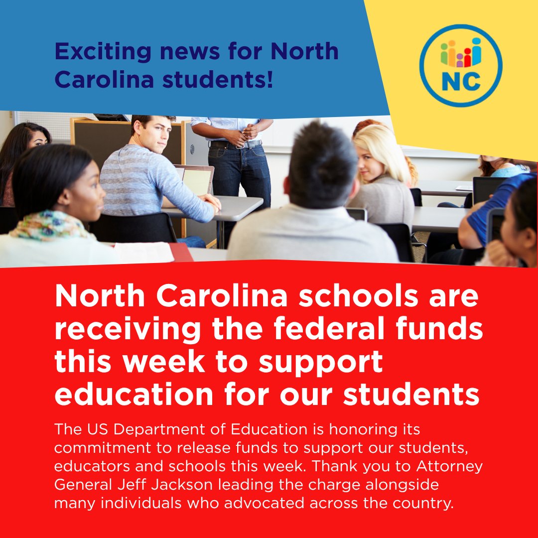 Great news for NC schools! $165M in federal funds are on the way. Big thanks to AG Jeff Jackson &amp; state leaders for fighting to restore support for students &amp; educators. Let’s keep working to ensure every NC child gets what they need. #SEL4NC Source: loom.ly/m2uw6sg
