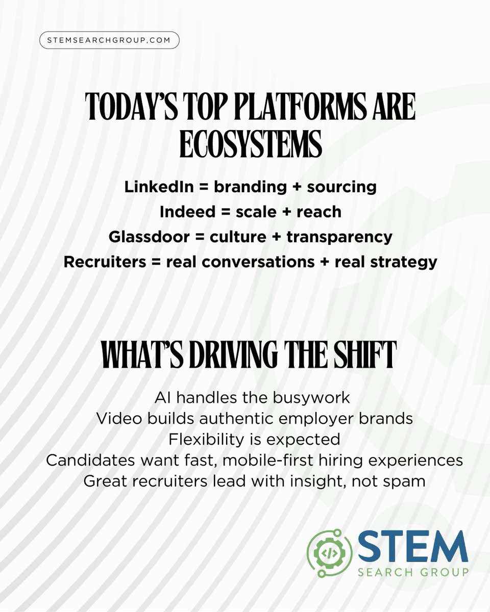STEMSearchGroup's tweet image. Big-name job boards are fading. 

AI is changing the game. It’s no longer about #jobposts.

It’s about #humanconnection, #strategy, and adaptability.

We’re built for this.
💡 Smart sourcing
💡 Data-backed outreach
💡 Human-first #partnerships

The industry is #evolving, are you?