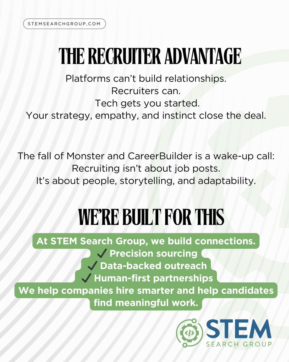 STEMSearchGroup's tweet image. Big-name job boards are fading. 

AI is changing the game. It’s no longer about #jobposts.

It’s about #humanconnection, #strategy, and adaptability.

We’re built for this.
💡 Smart sourcing
💡 Data-backed outreach
💡 Human-first #partnerships

The industry is #evolving, are you?