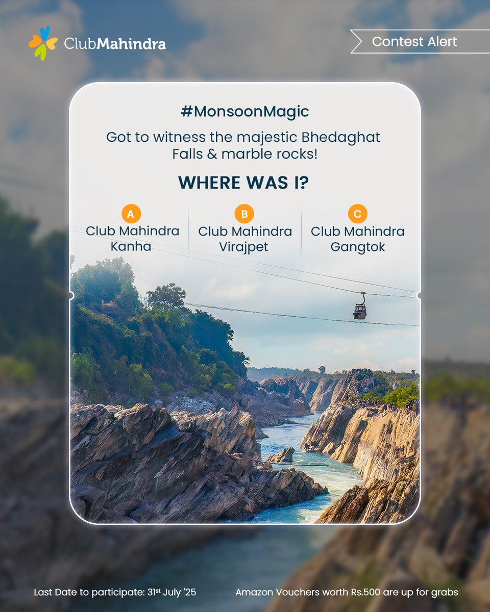 #ContestAlert 13 of 15 

Participate in all #MonsoonMagic Contest

STEPS 

1) Comment below with your answer using #MonsoonMagic and #ClubMahindra. Don’t forget to tag <a href="/clubmahindra/">Club Mahindra</a> and four of your friends – it’s mandatory! 

2) Participate in all 15 contest posts. Winners get