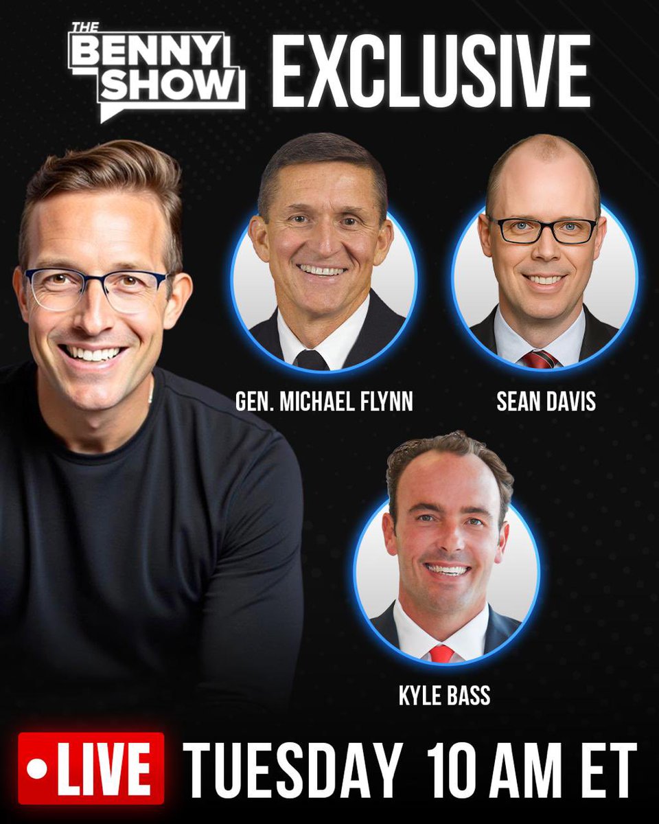 🔥Absolute banger lineup on ‘The Benny Show’ this morning. You don’t want to miss this: 

- General Flynn
- Sean Davis
- Kyle Bass 

Tune in at 10AM ET: youtube.com/@bennyjohnson?…