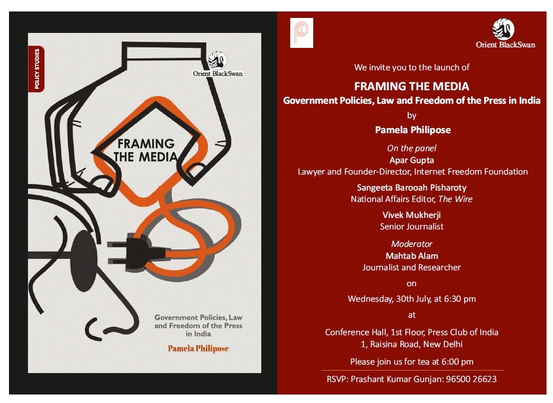 📣 Tomorrow (30th August) at Press Club of India, 6: 30 PM onwards. 

Launch followed by Discussion on ⁦<a href="/pamelaphilipose/">pamela philipose</a>⁩’s latest book, Framing The Media.

🎙️⁦<a href="/apar1984/">Apar Gupta</a>⁩ , ⁦<a href="/sangbarooahpish/">Sangeeta Barooah Pisharoty</a>⁩ and ⁦<a href="/Bagheera_70/">Vivek Mukherji</a>⁩ 

☕️ 🍪 at 6 PM !

See you there.