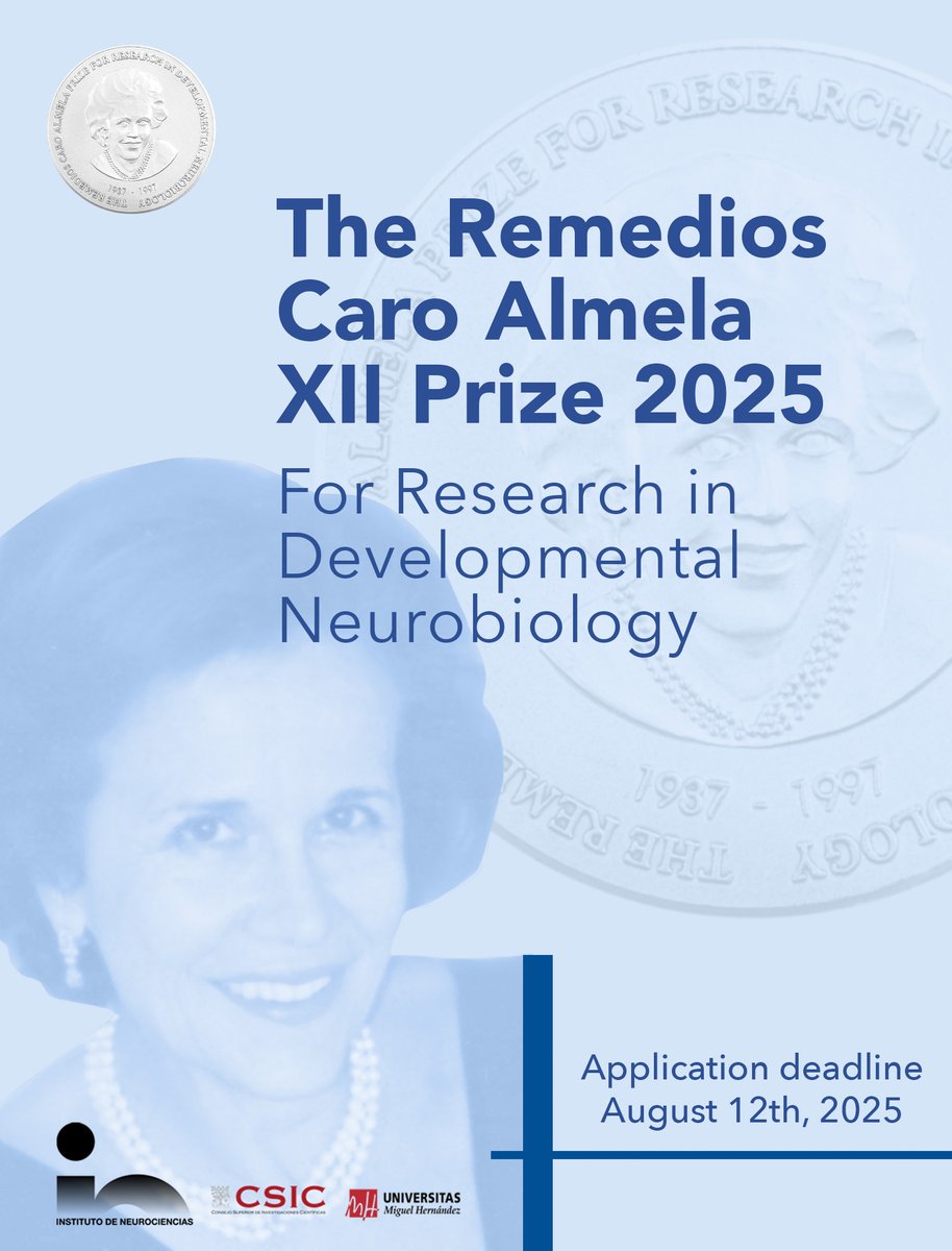 XII Edition of the Remedios Caro Almela Scientific Prize now open!
🏆 €25,000 for outstanding research in developmental neurobiology
🗓 Deadline: August 12
More info 👇
in.umh-csic.es/en/el-institut…