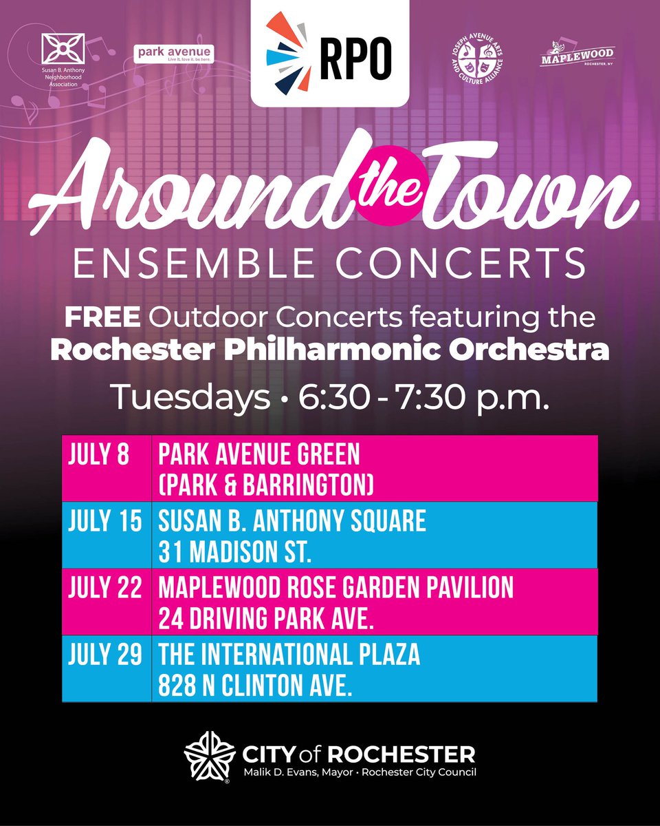 Join us tonight for the RPO’s final Around the Town free outdoor concert of the year! Music starts at 6:30 p.m. at the International Plaza.

Learn more: cityofrochester.gov/aroundthetown