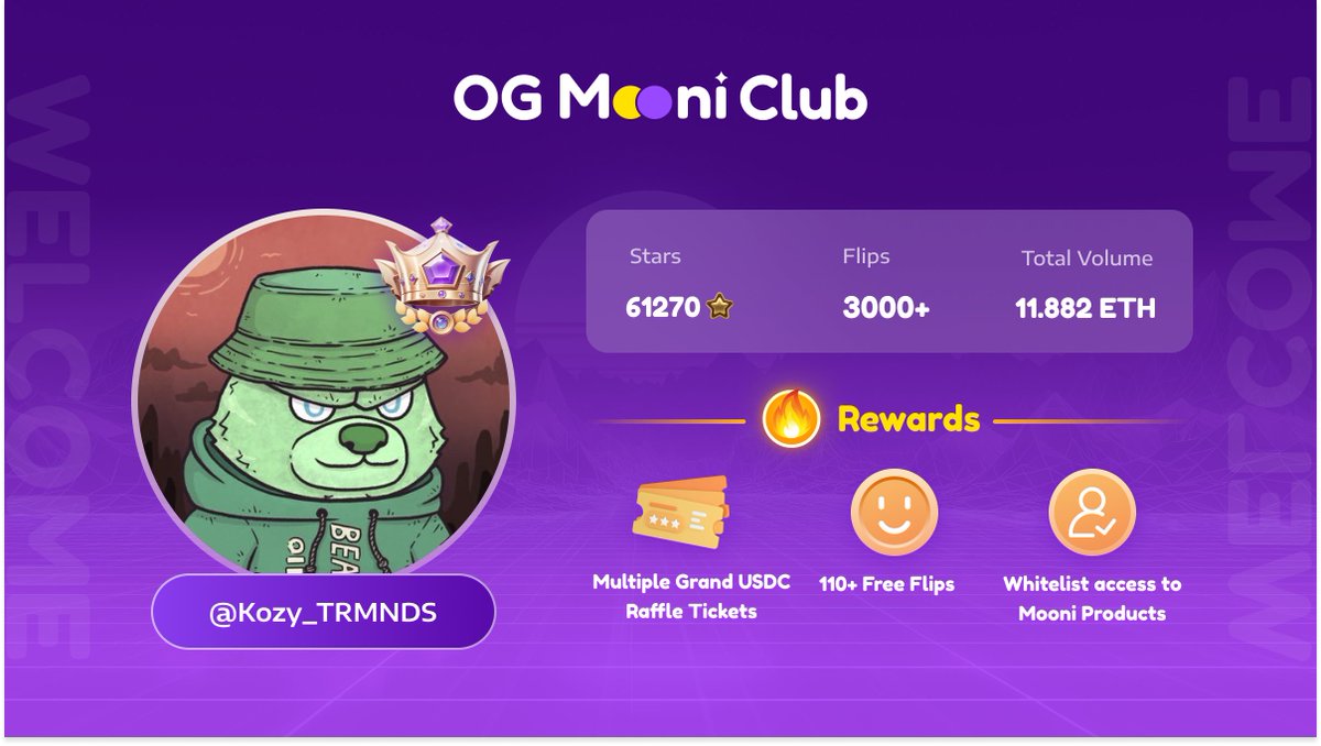 Leading the way with tens of thousands of stars. ⭐️

<a href="/Kozy_TRMNDS/">Kozy</a> is our first honorary member of OG Mooni club. 

Send him some love. 🫶

Get to enjoy exclusive rewards such as:
💰Grand USDC Raffle tickets
 🪙  Risk-free flips
💻Access to <a href="/Mooni_gg/">Mooni</a> products

Only 100 spots.