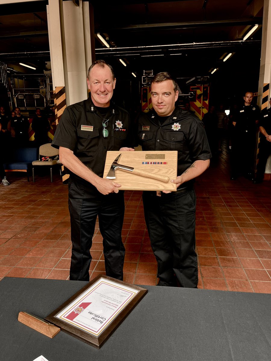 After 34 years, 3 months and 26 days service,Watch Commander Malky Nicolson retires from duty today at Greenock Fire Station. AC Edward Kenna and CC Neil Goldie presented Malky and his family with his retirement certificate and gifts. Wishing Malky a long and happy retirement!