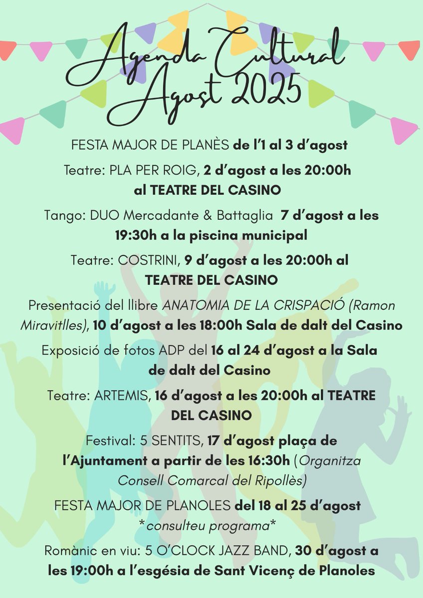 Us compartim l'agenda cultural del mes d'agost.

Properament tota la informació sobre les activitats en detall de la Festa Major.