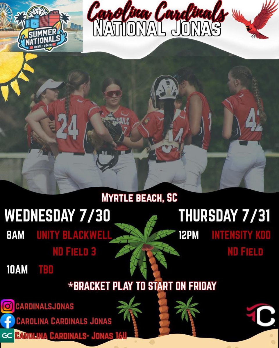 Heading to Myrtle Beach for the TCS Summer Nationals, our last event for the summer. Come check us out!! <a href="/jonas_cardinals/">Carolina Cardinals Nationals 16u Jonas</a> <a href="/GCRhinosSB/">Gaston College Softball</a> <a href="/CatamountSB/">Western Carolina Softball</a> <a href="/RoyalsSball/">Queens Softball</a> <a href="/ValkyriesSB/">Converse University Softball</a> <a href="/Winthropsoftbal/">Winthrop Softball</a> <a href="/CoastalSoftball/">Coastal Carolina SB</a>