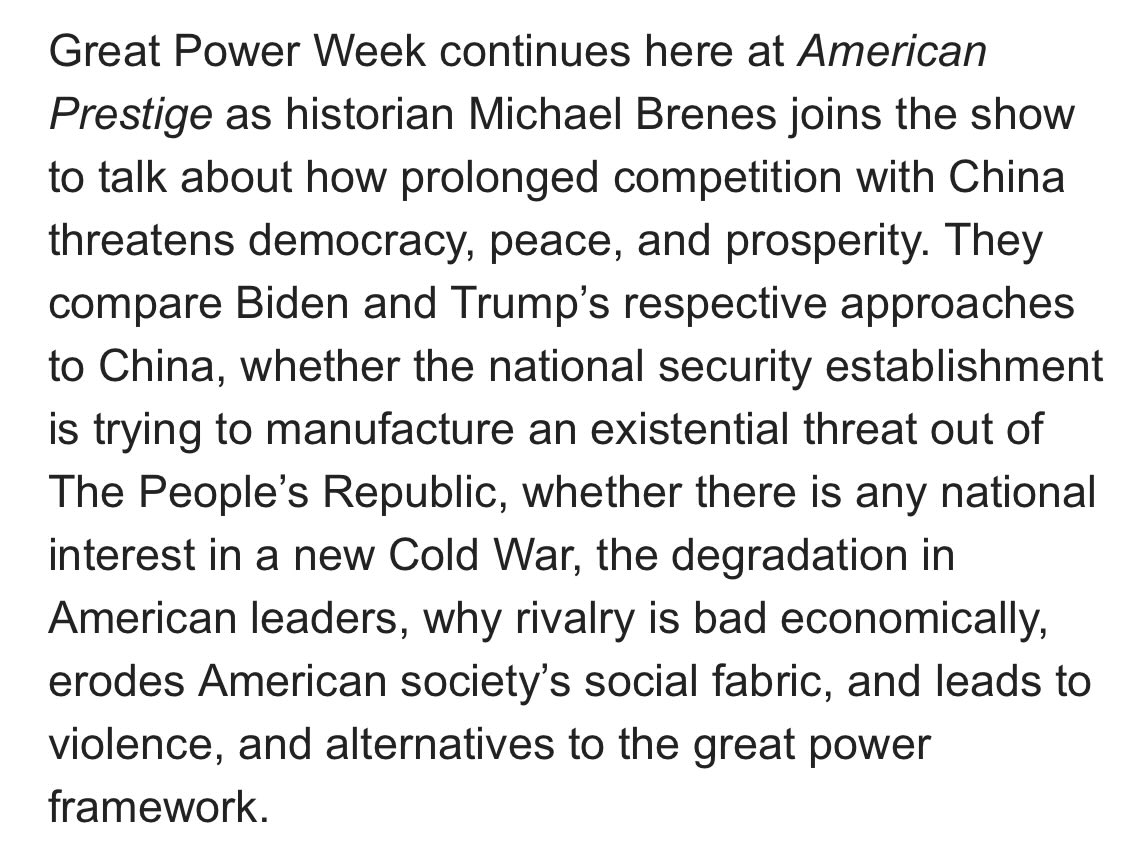 American Prestige (@amprestigepod) on Twitter photo E220 - The Perils of Competition With China w/ <a href="/mbrenes1/">Michael Brenes</a>
Michael Brenes returns to the pod, this time to tell us why a rivalry with China might not exactly be in everyone’s best interest.
Link in replies! E220 - The Perils of Competition With China w/ <a href="/mbrenes1/">Michael Brenes</a>
Michael Brenes returns to the pod, this time to tell us why a rivalry with China might not exactly be in everyone’s best interest.
Link in replies!