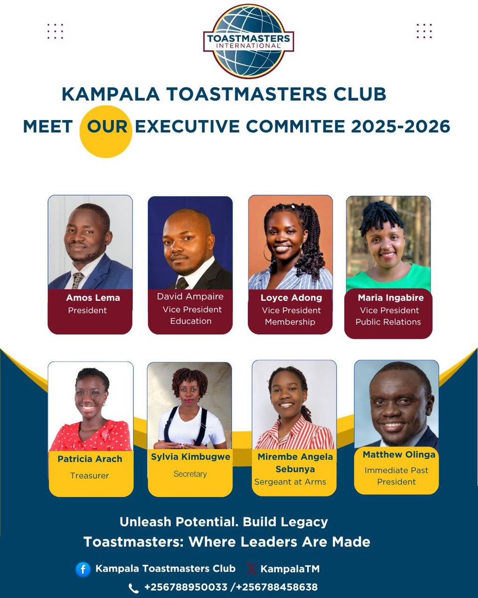 Meet our 2025–2026 Executive Committee!
Leading the charge to empower voices &amp; build legacy at Kampala Toastmasters Club.

🎙 #WhereLeadersAreMade

🫡 Amos, David, Loyce, Maria, Patricia, Sylvia, Mirembe &amp; Matthew — let’s go!