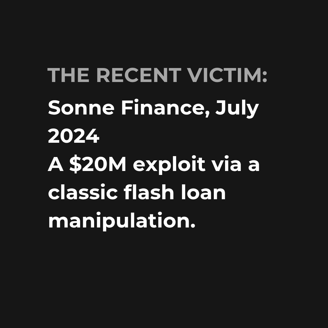 0xMrDen's tweet photo. flash loans were built for arbitrage and speed
in reality - they became a weapon

in July 2024, Sonne Finance lost $20M
the attack took a single transaction

Chainlink price manipulation
inflated collateral
drained pools

no upfront capital
just code and a single block of time

DeFi is still full of holes
and there are dozens like this one

I study these cases so I’m not the next one
that’s the real security