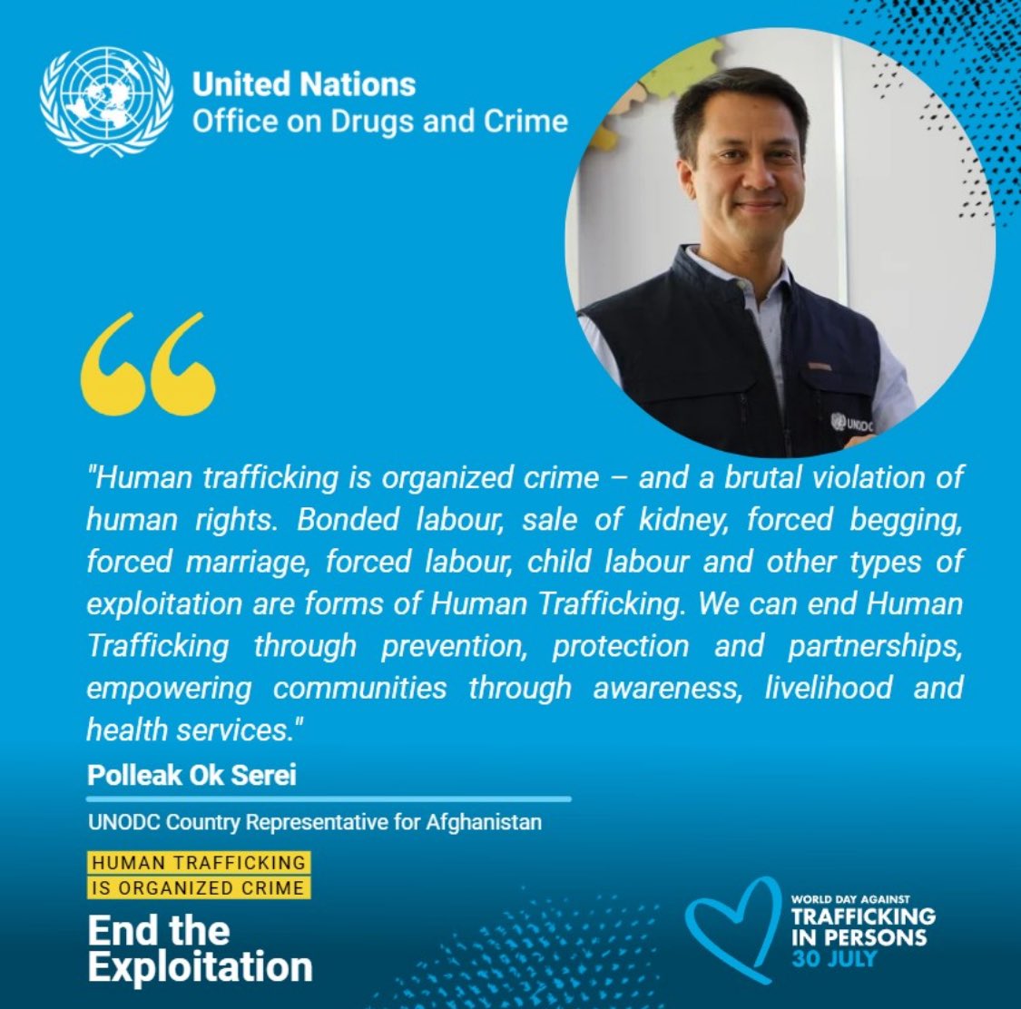 Tomorrow is the World Day Against Trafficking in Persons.

UNODC calls for partnerships &amp; joint efforts to end Human Trafficking in #Afghanistan by empowering communities through prevention and protection of victims.

#HumanTrafficking #EndExploitation