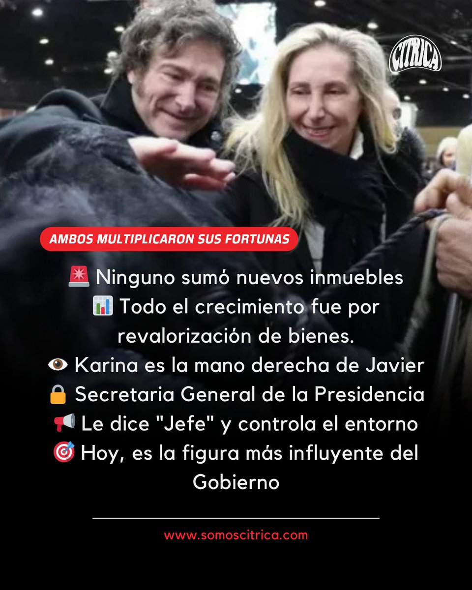 Mientras vos contás las monedas… ellos duplican sus millones.

📈 En su última declaración jurada, Javier Milei informó que su patrimonio subió un 64% y Karina Milei, secretaria general de la presidencia, triplicó su fortuna

👉 Leé la nota completa en somoscitrica.com