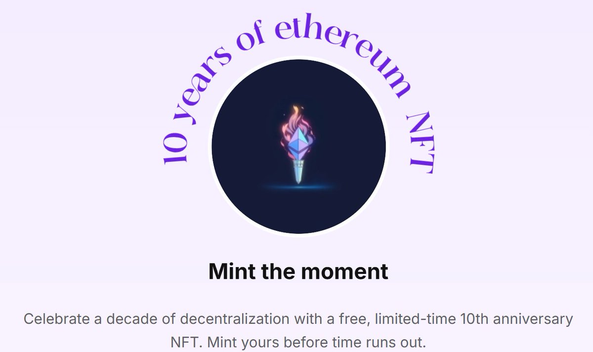 10 years of ethereum NFT mintledim.

Merkeziyetsizliğin 10. yılını kutlamak için ücretsiz ve sınırlı süreli 10. yıl dönümü NFT’sini minledim.

Dünyayı blok blok dönüştüren bir on yıl
30 Temmuz 2015’te Ethereum blokzinciri hayata geçti
Genesis bloğunun kazılmasıyla birlikte,