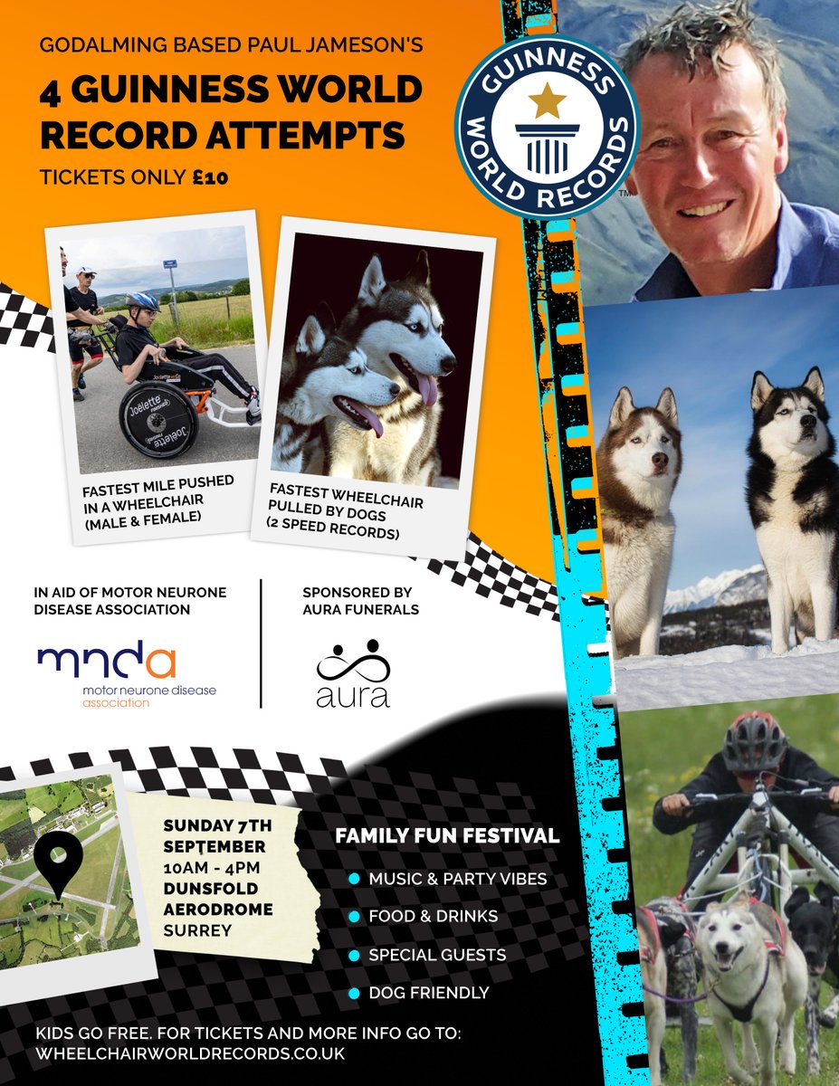 Mark your calendars 📆

Paul Jameson who lives with #MND, will be attempting to break four wheelchair Guinness World Records in a day on 7 September. 😲

He's organised a family fun day to surround the attempts, and it promises to be a thrilling day all round! 🎈 

 📍Dunsfold