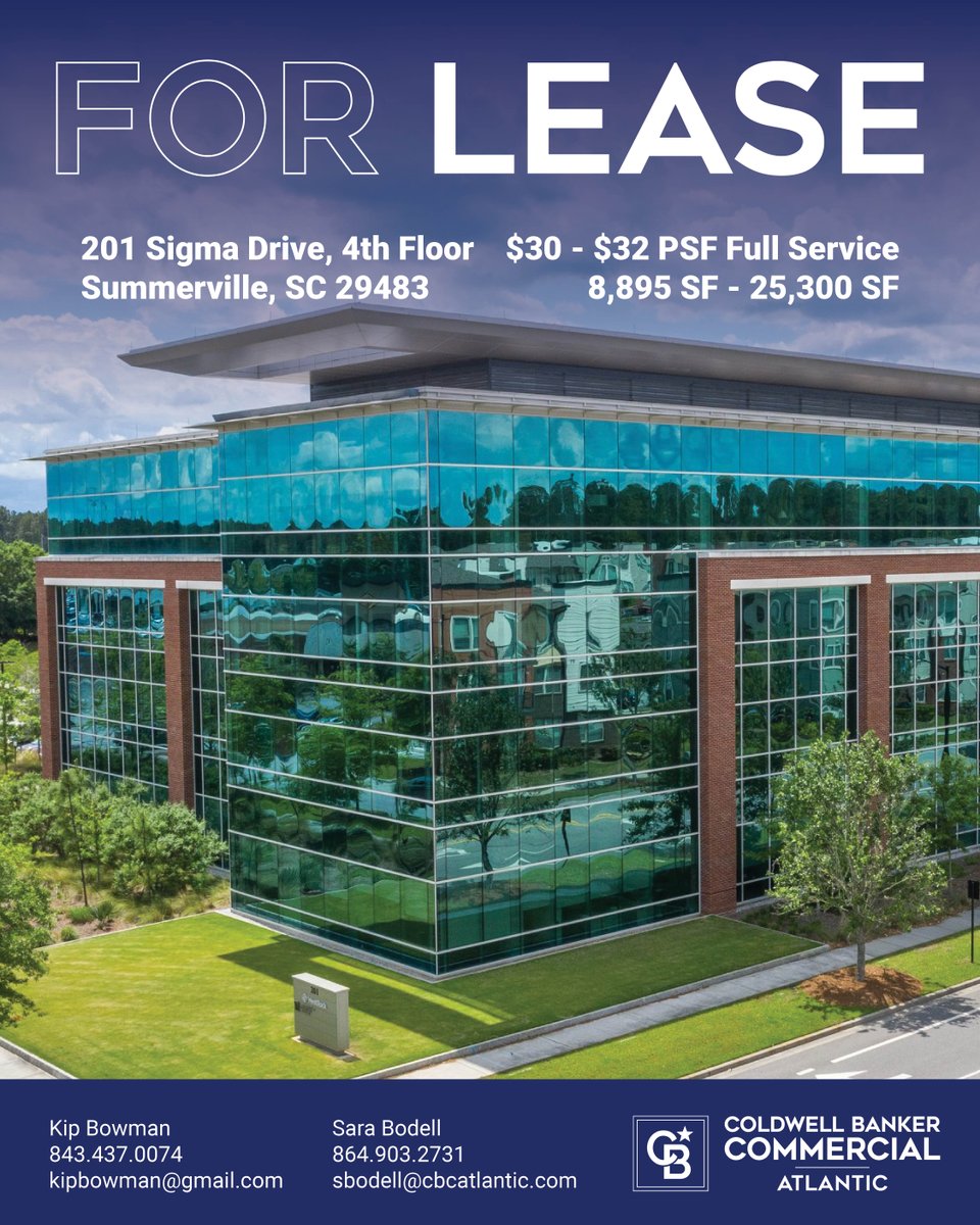 CBCAtlantic's tweet image. Now leasing: the entire 4th floor at 201 Sigma in Summerville — 8,900 SF of Class A office space with panoramic views, high-end finishes, and prime I-26 visibility. Minutes from Boeing, Mercedes, and Volvo. Elevate your workspace. #OfficeSpace #SummervilleSC #CommercialRealEstate