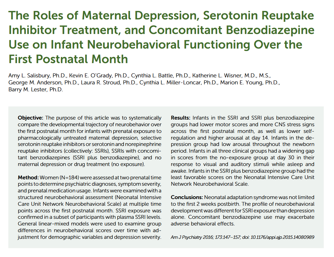 Prenatal SSRI exposure can result in neonatal effects that last longer than a few days.

This study showed effects on movement &amp; tone lasting at least a month.

The authors: "The presence of SSRI-specific adverse effects, beyond those stemming from maternal antenatal depression,