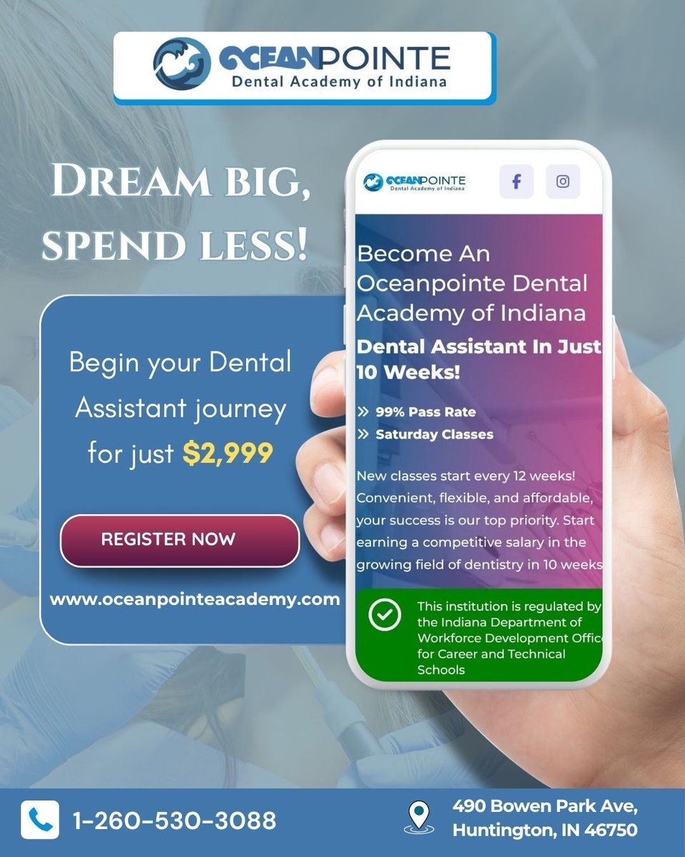 Oceanpointe45's tweet image. Dream Big, Spend Less!
Start your Dental Assistant career with Oceanpointe Dental Academy of Indiana for just $2,999!

📍Located in Huntington, IN
📞 Call now: 1-260-530-3088
🌐 oceanpointeacademy.com
🔴 Register Today — Limited Seats!

#DentalAssistantProgram #DentalTraining