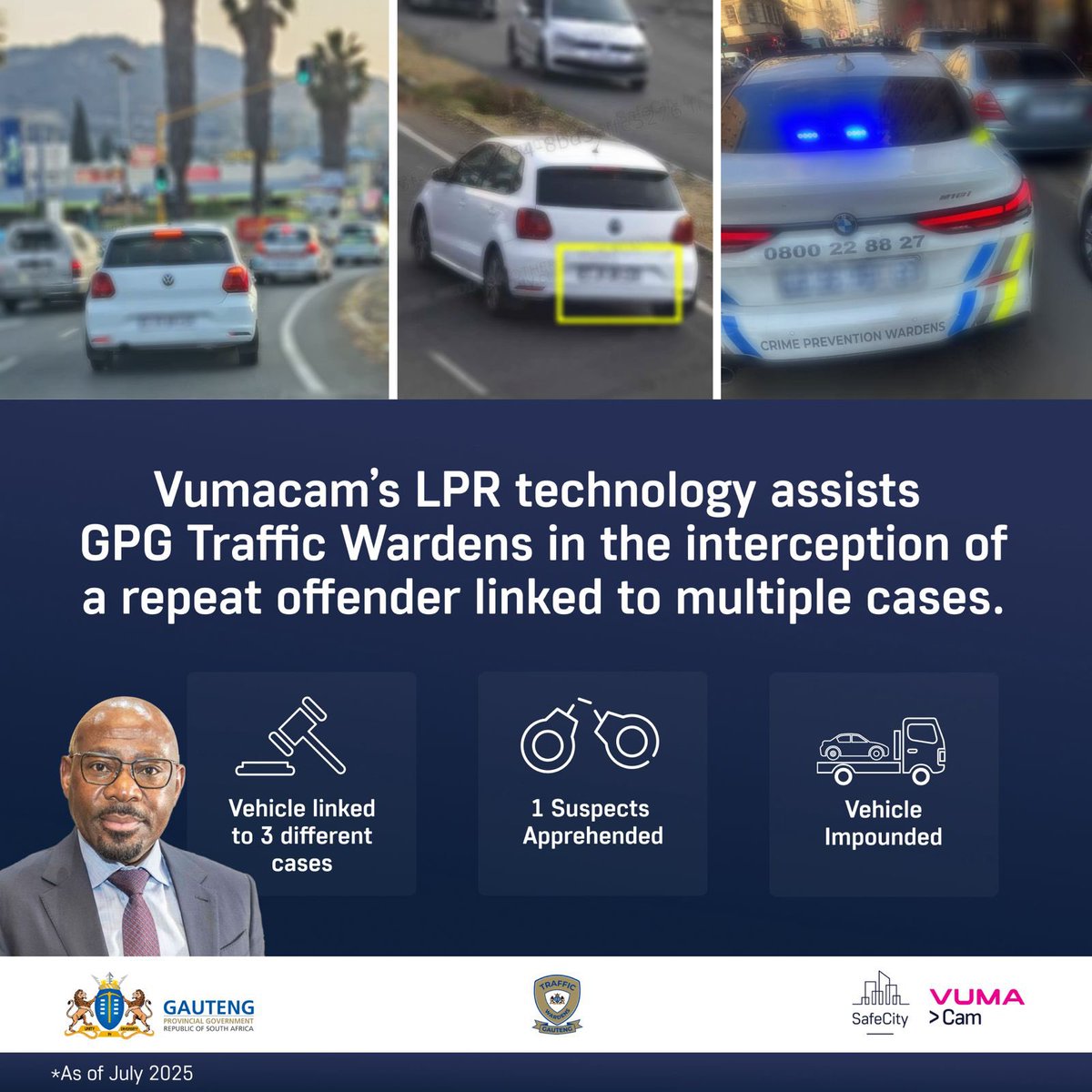 Another win! ✌️
A vehicle tied to a Krugersdorp case was intercepted on Kliprivier Drive by GPG Traffic Wardens. Vumacam Proof confirmed its link to multiple cases. 

This is all thanks to our CCTV initiative with Vumacam.
#SafeCity #GrowingGautengTogether
