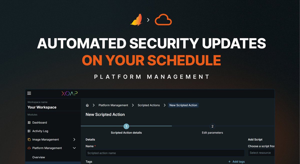 Why not automate AND schedule security updates and policy checks?

#XOAP's centralized script automation works across clouds, platforms and tenants, while built-in scheduling gives you the control to run automations exactly when you need them: xoap.io/scripted-actio…