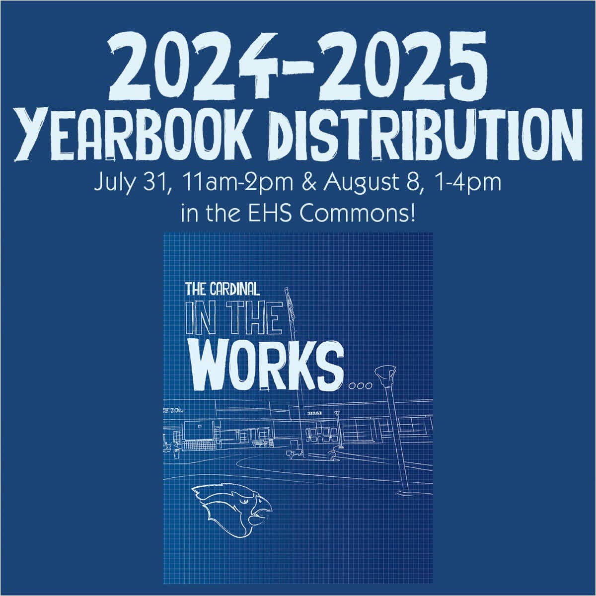 EHS 24-25 yearbooks have arrived.  If you bought one, you can pick it up in the EHS commons on Thursday, July 31st, 11am-2pm.  The next pickup date is Friday, Aug. 8th, EHS commons, 1pm-4pm.  After that, yearbooks will be distributed at the start of the school year.