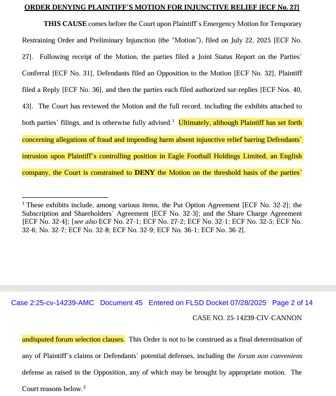 Textor's emergency motion for a temporary restraining order and preliminary injunction in FLSD was denied.