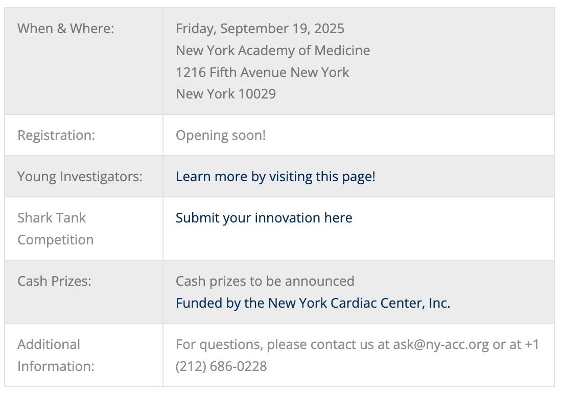 Alexa B. Kahn, MD (@alexab_kahnmd) on Twitter photo 🚨Attention #ACCFITs, residents, & medical students in NY State, don't miss out!!
Submit your cardiovascular research abstract or clinical case for the NYACC Young Investigators Competition.
🗓️Deadline to submit is TODAY !!
👇
ny-acc.org/getting-involv…
<a href="/NYSCACC/">New York Chapter, ACC</a> <a href="/RonakBharucha/">Ronak Bharucha, DO</a> 🚨Attention #ACCFITs, residents, & medical students in NY State, don't miss out!!
Submit your cardiovascular research abstract or clinical case for the NYACC Young Investigators Competition.
🗓️Deadline to submit is TODAY !!
👇
ny-acc.org/getting-involv…
<a href="/NYSCACC/">New York Chapter, ACC</a> <a href="/RonakBharucha/">Ronak Bharucha, DO</a>