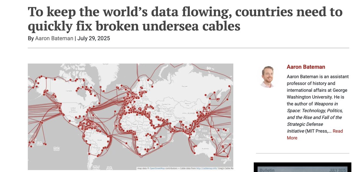 In my latest <a href="/BulletinAtomic/">Bulletin of the Atomic Scientists</a> I discuss strategies for making global subsea cable networks more resilient. 
thebulletin.org/2025/07/to-kee…