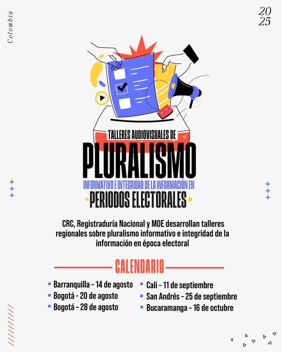 CRC Colombia (@crccol) on Twitter photo 🗓️ ¡Atención! Ya están aquí las fechas de los Talleres Audiovisuales sobre pluralismo e integridad informativa en época electoral.
Consulta el calendario completo 👉 crcom.gov.co/es/noticias/co…
<a href="/CRCCol/">CRC Colombia</a> <a href="/Registraduria/">Registraduría Nacional del Estado Civil</a> <a href="/moecolombia/">MOE</a>
#TAP2025 🗓️ ¡Atención! Ya están aquí las fechas de los Talleres Audiovisuales sobre pluralismo e integridad informativa en época electoral.
Consulta el calendario completo 👉 crcom.gov.co/es/noticias/co…
<a href="/CRCCol/">CRC Colombia</a> <a href="/Registraduria/">Registraduría Nacional del Estado Civil</a> <a href="/moecolombia/">MOE</a>
#TAP2025