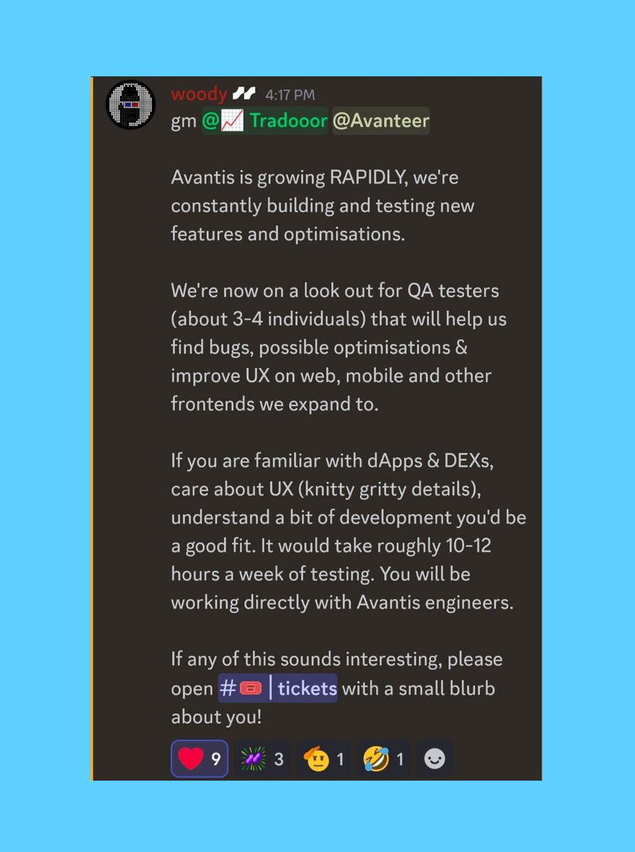 . <a href="/avantisfi/">Avantis</a> is expanding fast, and they are on the hunt for 3–4 QA testers to help us push the limits of UX and performance.

If you’re experienced with dApps &amp; DEXs, have an eye for detail, and care about smooth, intuitive user journeys across web &amp; mobile, then you are the
