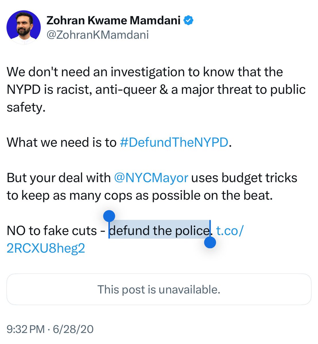 Paul A. Szypula 🇺🇸 (@bubblebathgirl) on Twitter photo <a href="/ZohranKMamdani/">Zohran Kwame Mamdani</a> You’ve repeatedly called to defund the police, slandered them, and specifically targeted the NYPD.
You even called the NYPD “racist.”
No one is buying that you suddenly care about our heroes in blue.
Do America a favor and self-deport.
You’re a fraud and jihadist.
Leave now. <a href="/ZohranKMamdani/">Zohran Kwame Mamdani</a> You’ve repeatedly called to defund the police, slandered them, and specifically targeted the NYPD.
You even called the NYPD “racist.”
No one is buying that you suddenly care about our heroes in blue.
Do America a favor and self-deport.
You’re a fraud and jihadist.
Leave now.