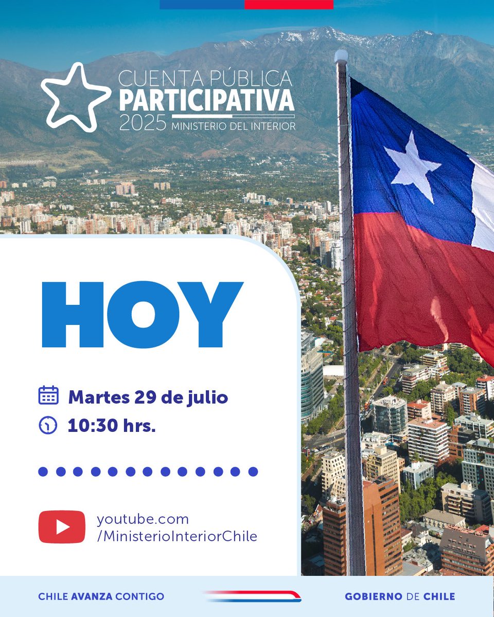 📣 ¡Es hoy! Súmate a nuestra #CuentaPública2025 Participativa! 🙌🏻

Desde las 10 AM, en Arica, el ministro Álvaro Elizalde dará cuenta del trabajo realizado por el Ministerio del Interior durante el último año ✅.

📺Conéctate aquí: youtube.com/live/px_Fu_Jy8…