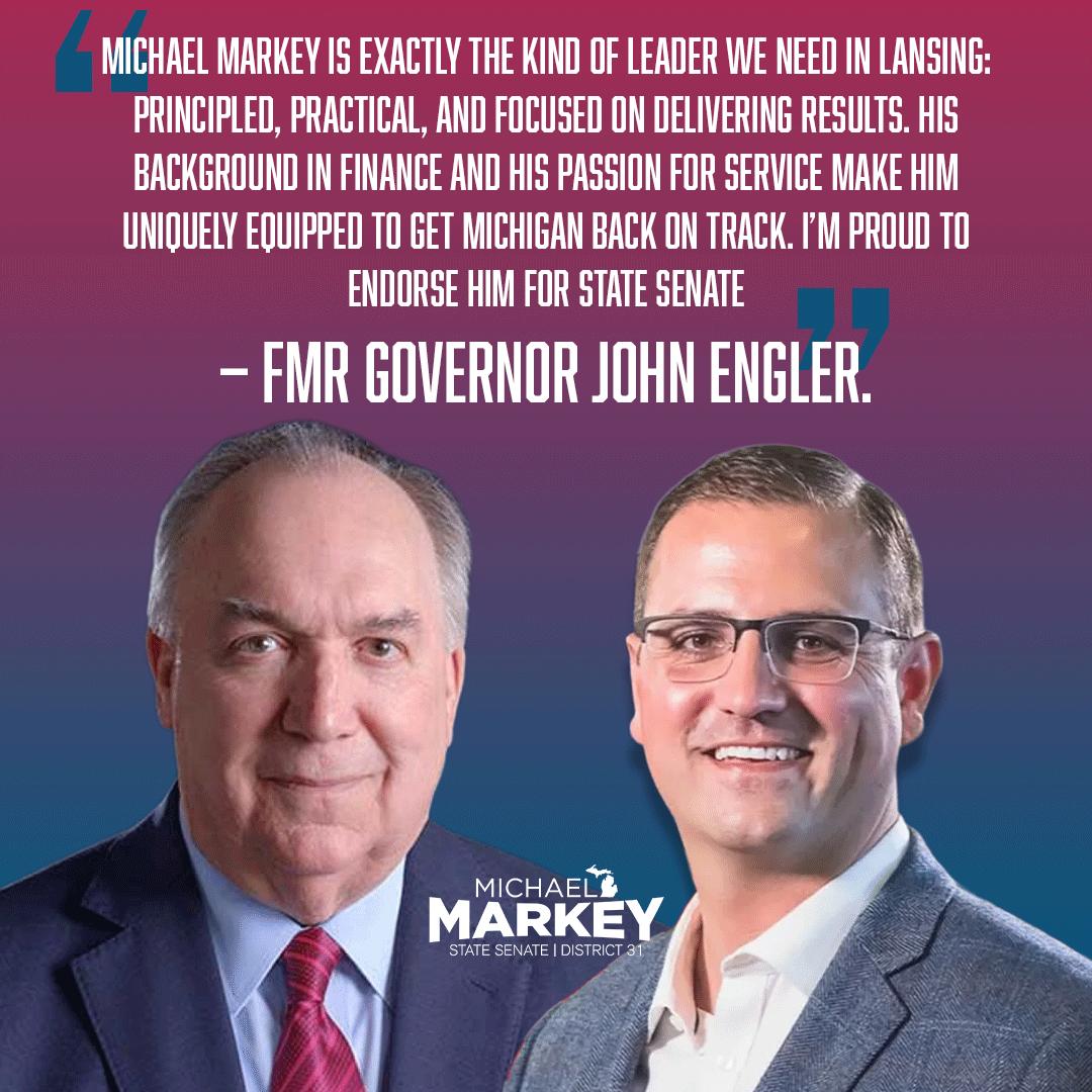 I’m proud to share that former Governor John Engler has endorsed our campaign.

Governor Engler served Michigan with steady, conservative leadership, and I’m honored to have his support as we work to bring those same values back to the State Senate. There’s a lot of work ahead,