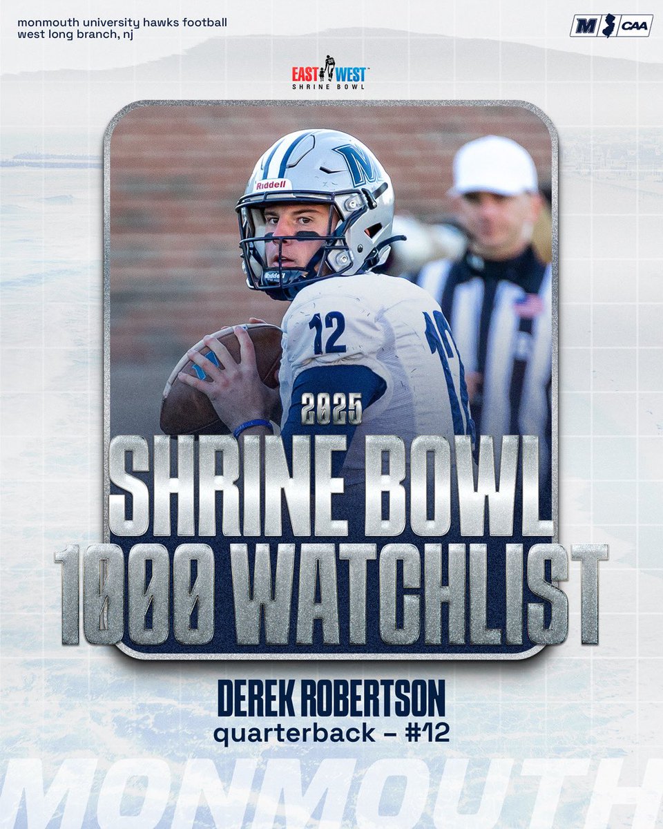 Monmouth Football (@muhawksfb) on Twitter photo QB1 on the radar π―
Derek Robertson has been named to the 2025 East-West Shrine Bowl 1000 Watchlist!
#FlyHawks || <a href="/ShrineBowl/">East-West Shrine Bowl</a> QB1 on the radar π―
Derek Robertson has been named to the 2025 East-West Shrine Bowl 1000 Watchlist!
#FlyHawks || <a href="/ShrineBowl/">East-West Shrine Bowl</a>