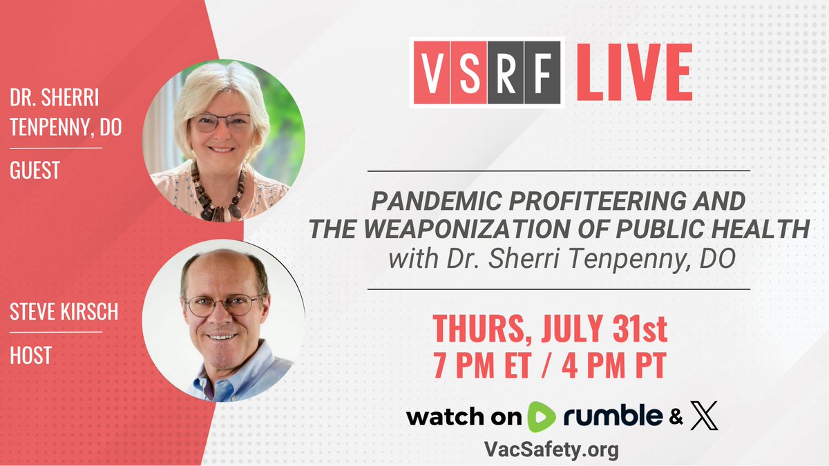 🔥 This Thursday at 7 PM ET on #VSRFLive: The unstoppable Dr. Sherri Tenpenny (<a href="/BusyDrT/">Dr Sherri Tenpenny</a>)  joins us LIVE.

Brilliant. Fearless. Unrelenting.

A board-certified osteopathic physician, author, and pioneer in integrative medicine, Dr. Tenpenny has spent over two decades exposing the