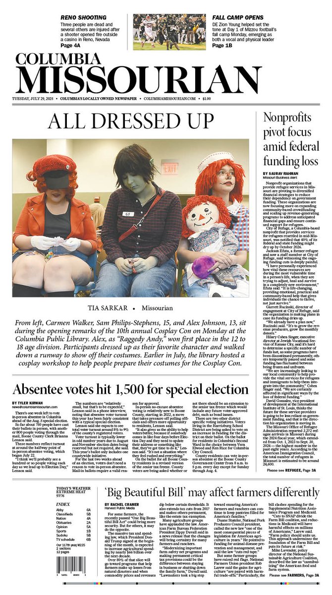 On today's front page:
— Library hosts 10th annual Cosplay Con
— Refugee service providers adjusting financial strategies
— Early voting continues in Boone County
— How Trump's tax bill affects Midwest farmers
Subscribers can view the e-edition at columbiamissourian.com/eedition/?utm_…