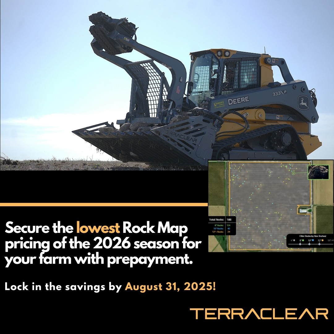 Get your rock management plan in place for 2026 and SAVE! 
With prepayment before Aug 31, 2025, you can lock in your #RockMap at only $2.95/acre USD ($3.95 CAD)! 
It only takes a two minutes to save and get your rock plan in place. Click here to order! rocks.terraclear.com/4eM5w4e