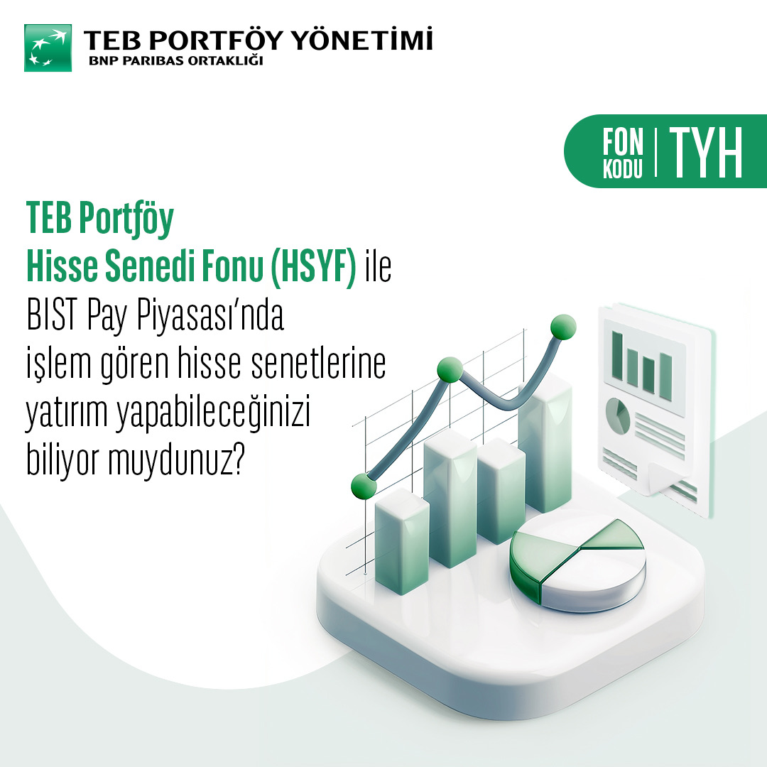 TEBPortfoy's tweet image. TEB Portföy Hisse Senedi Fonu (HSYF), fon toplam değerinin en az %80’i ile yerli ihraççıların ortaklık paylarına ve bu paylardan oluşan endeksleri takip eden borsa yatırım fonlarına yönlendirilir. 

Detaylı bilgi için web sitemizi ziyaret edebilirsiniz. 

#TEBPortföy #TYH