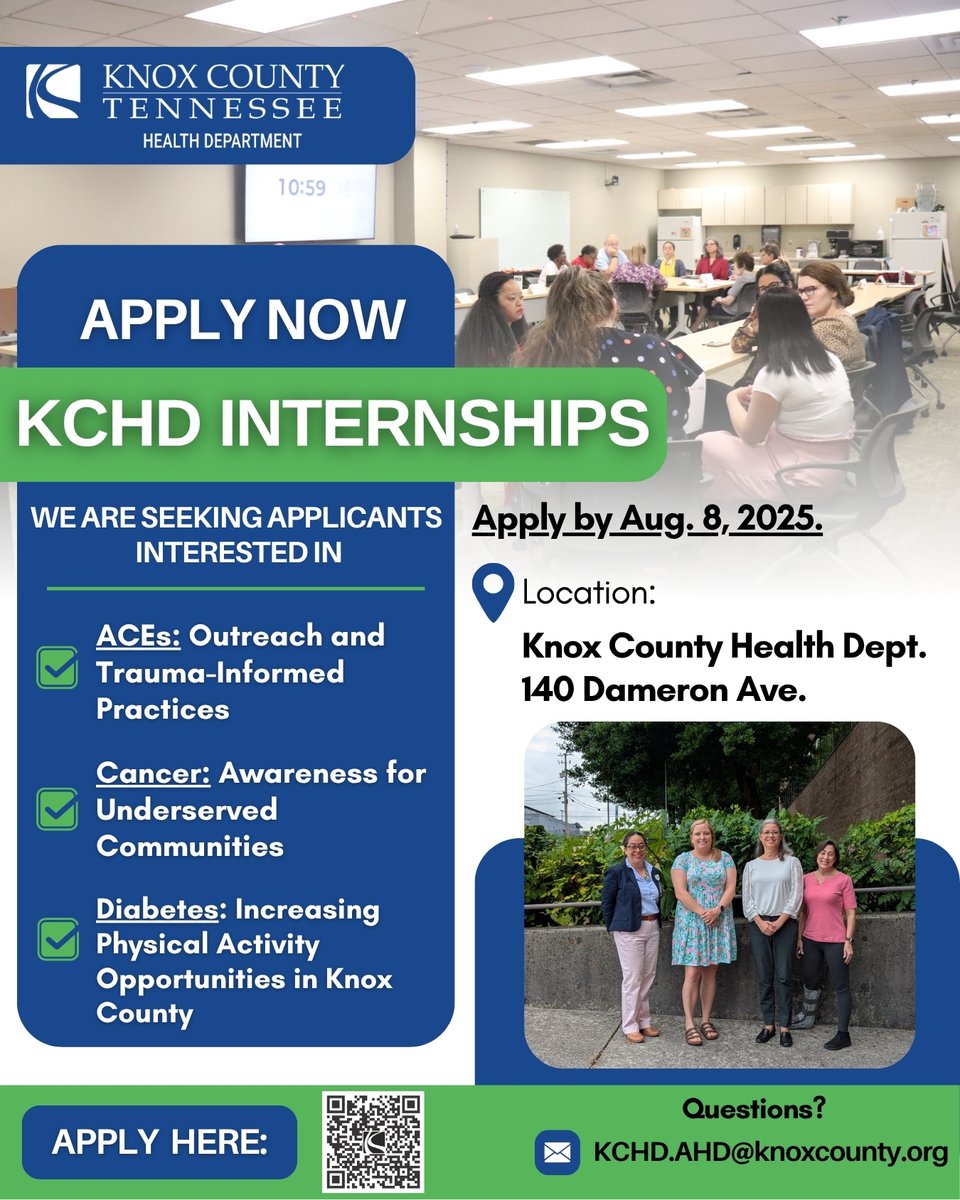 We are looking for interns interested in these topics:

-Adverse Childhood Events: Outreach and Trauma-Informed Practices
-Cancer: Awareness for Underserved Communities
-Diabetes: Increasing Physical Activity Opportunities in Knox County

Apply here: knoxcounty.jotform.com/team/wd/studen…