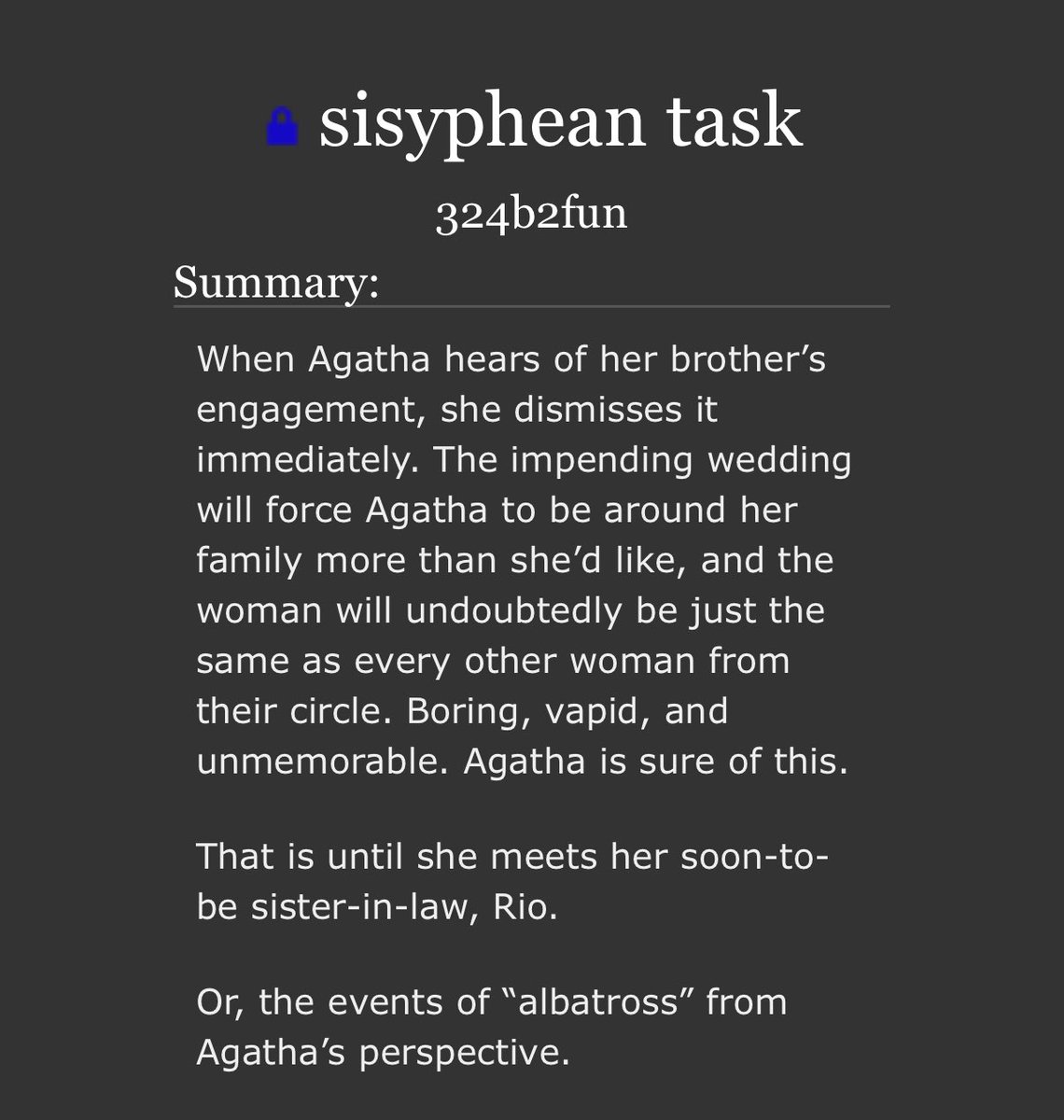 would anyone like an albatross sequel from agatha’s pov this morning? archiveofourown.org/works/68328811…