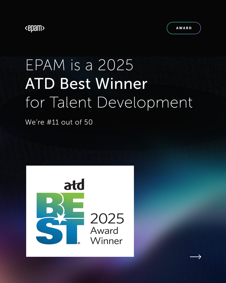 We're excited to share #EPAM is #11 on the 2025 @ATD Best Award list for our enterprise-wide success in employee talent development.

The BEST Award is the most esteemed and rigorous recognition in the talent development industry.

ow.ly/1Lkv50W0Fmn 

#TalentDevelopment