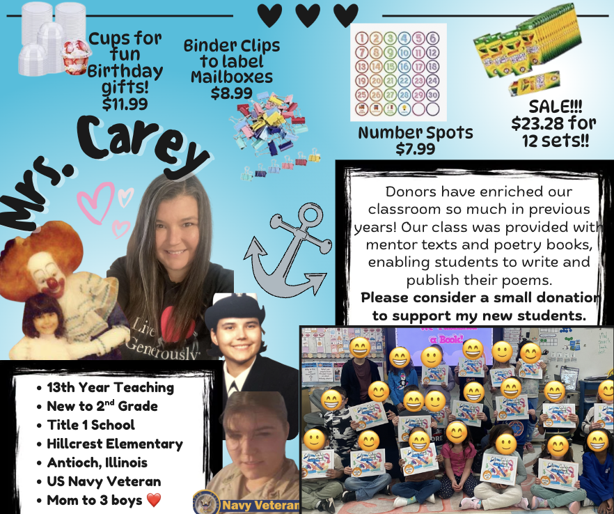 Moving to 2nd Grade! I’ll be setting up my classroom soon and I’m still working on getting a few more essentials. Will you help? Your kindness means the world! 💙💕

🔗amazon.com/hz/wishlist/ls…
Navy vet | 13 years teaching | Title 1 | Hillcrest Elem | Antioch, Illinois