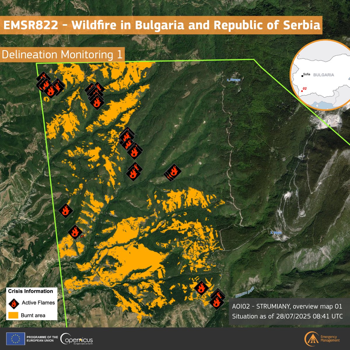 🔥 #EMSR822 – Wildfire in Bulgaria 🇧🇬

#MappingTeam analysis shows 522 ha burned near Strumyany in the Blagoevgrad region.

⚠️ 40 active flames were detected. Around 10 people and 9 km of rural roads may be affected.

See the full overview:
rapidmapping.emergency.copernicus.eu/EMSR822/report…