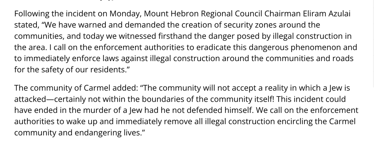 Israel National News on a notoriously violent settler shooting a resident dead while demolishing his village with a bulldozer: "Arab rioters from an illegal outpost surrounded a Jewish worker who was developing a new neighborhood, forcing him to open fire in self-defense."