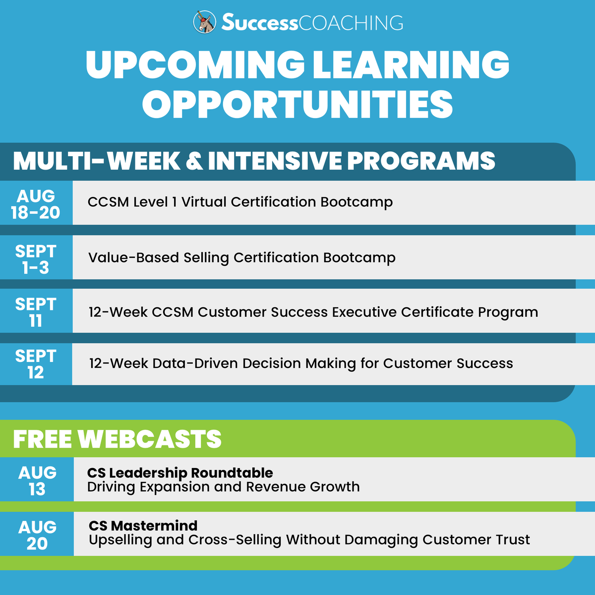 Join one of our industry-renowned training programs, or check out our informative free, online discussions where we delve into important CS topics!

Click here for instructor-led programs: successcoa.ch/4fqdS25

Check out our free learning events: successcoa.ch/3GVqOQE