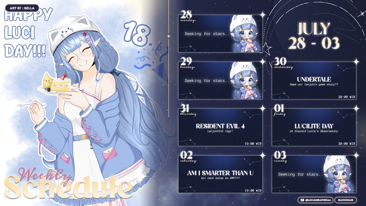 ˗ˏˋ  Weekly Schedule  ˎˊ˗

Hi Lucilite ✮⋆˙
MINGGU INI ADA LUCILITE DAYY? AAAA

#SkejulLuci