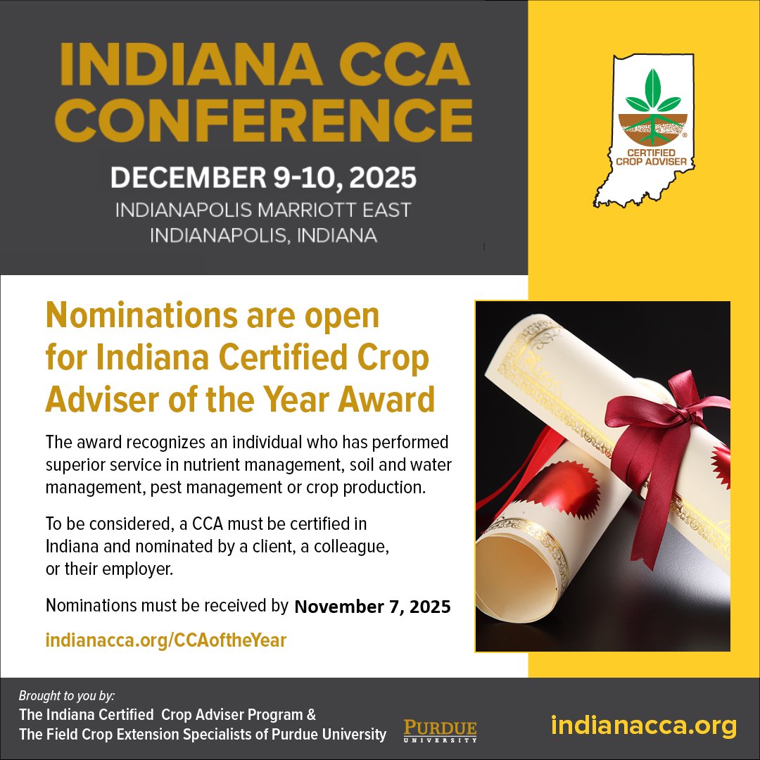 Consider nominating a qualified CCA you employ or know for the “Indiana Certified Crop Adviser of the Year Award”. 

Complete your nomination by November 7 at indianacca.org/CCAoftheYear
 #InCCA #InCCAoftheYear #CertifiedCropAdvisers